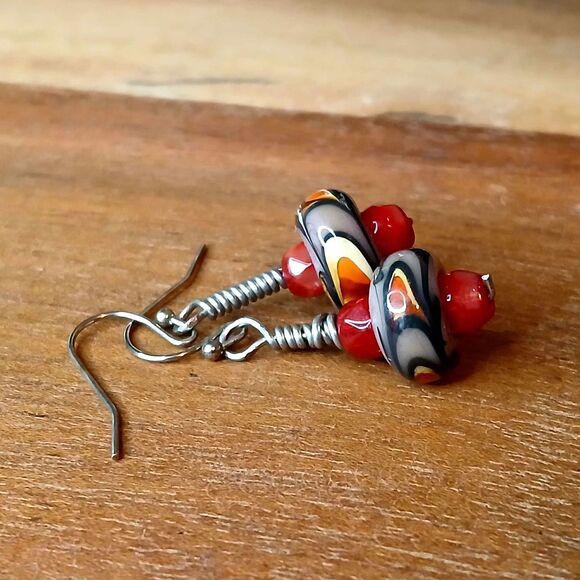 Glass Beaded Boho Dangle Earrings, Red Silver, Artisan - Picture 3 of 4
